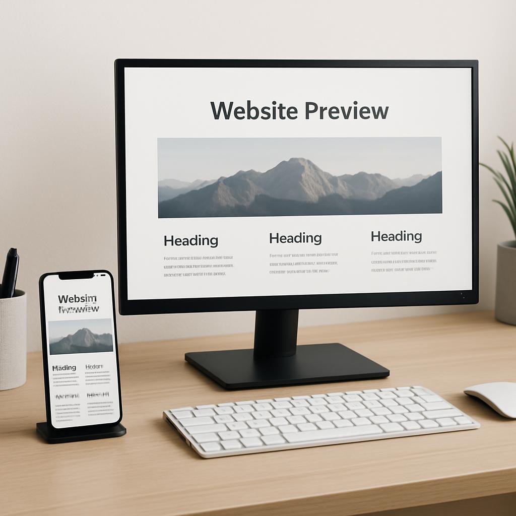 A computer monitor displaying a website preview on a desk with a keyboard, mouse, and phone displaying the same website.