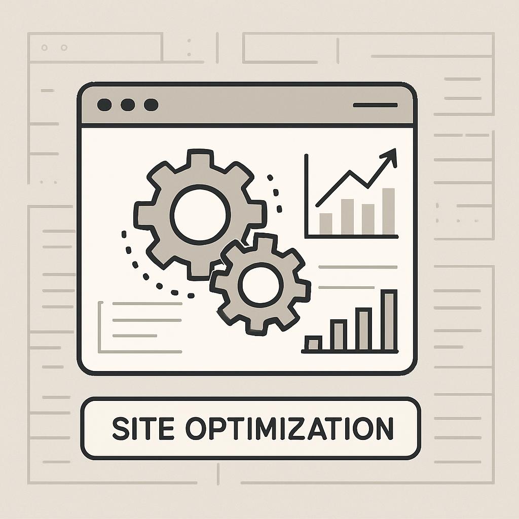 An illustration of a webpage with gears and graphics on it, with a title saying "Site Optimization" at the bottom.