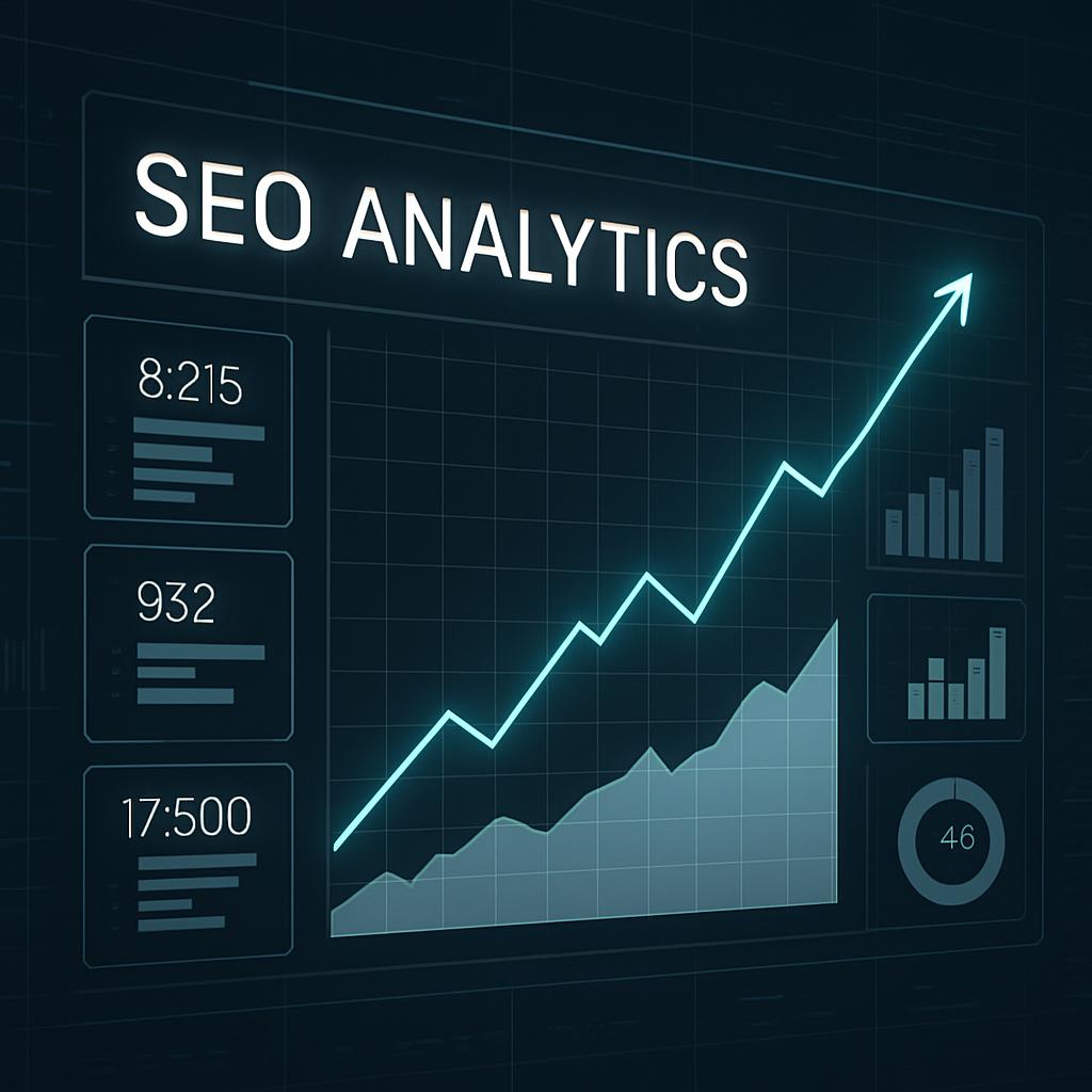 SEO analytics dashboard, featuring a line graph on a black background.